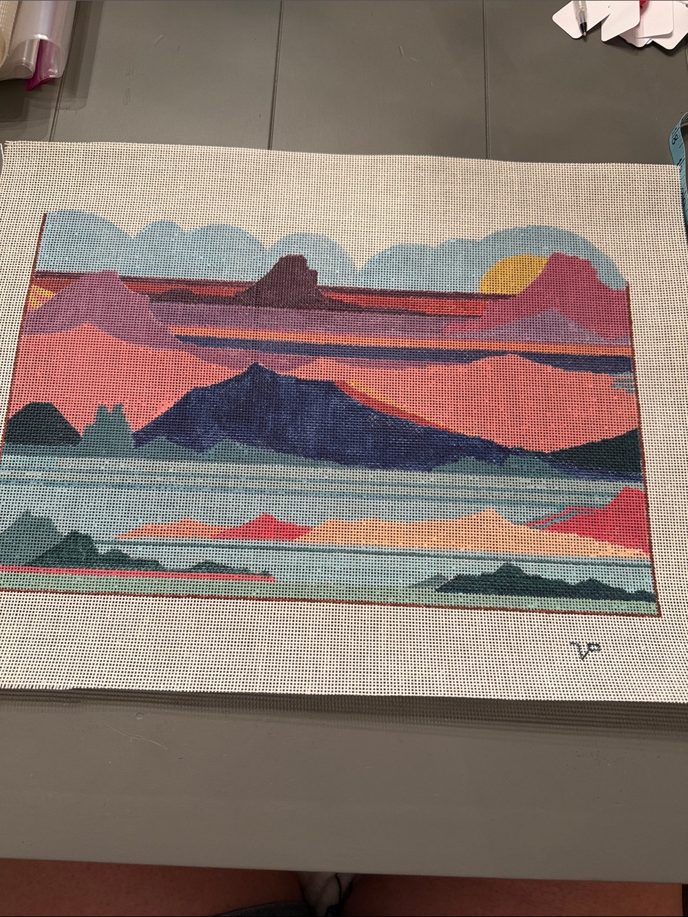 needlepoint canvas by Bargello Needlepoint landscape of mountains and water.🐈‍⬛